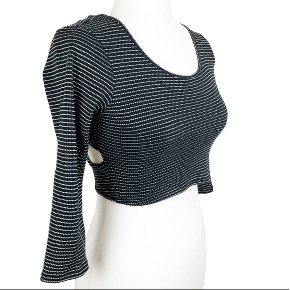 Black White Stripe Cropped Wrap Long Sleeve Womens Cut Out Top - Picture 5 of 16